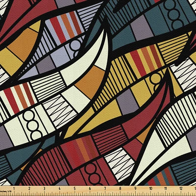 Ambesonne African Fabric by The Yard, Diagonal Abstract Leaves with Circles Chevrons Lines Traditional Cultural Heritage, Decorative Fabric for Upholstery and Home Accents, 3 Yards, Ruby Grey