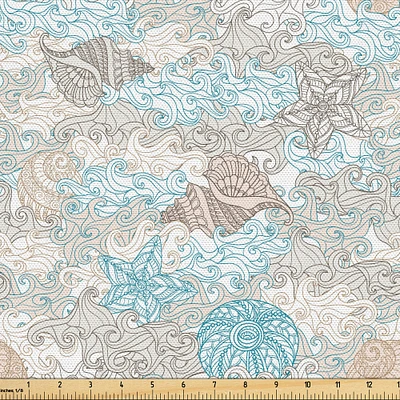 Ambesonne Nautical Fabric by The Yard, Pastel Toned Sea Shell Starfish Mollusk Seahorse Coral Reef Motif Design, Decorative Fabric for Upholstery and Home Accents, 10 Yards, Tan Turquoise