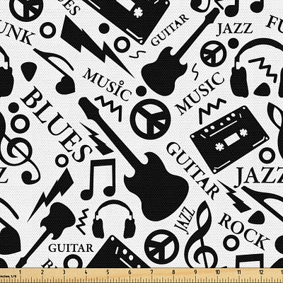 Ambesonne Music Fabric by The Yard, Blues Jazz Punk Rock Various Type of Folk Indie Rap Reggae Peace Sign Sing Art, Decorative Fabric for Upholstery and Home Accents, 1 Yard, Black and White