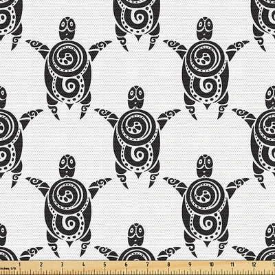 Ambesonne Tattoo Fabric by The Yard, Pattern with Sea Turtles in Maori Style Polynesian Swirly Motifs, Decorative Fabric for Upholstery and Home Accents, Black White