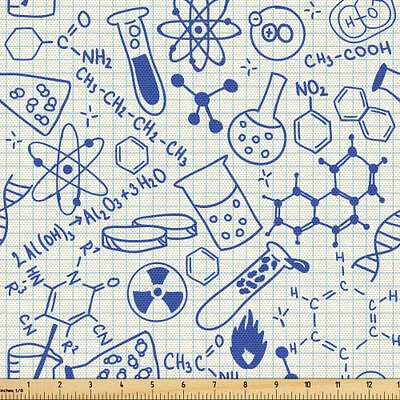 Ambesonne Cartoon Fabric by The Yard, Science Chemistry Geometry Math Nerd Geek and Genius Themed Design Art, Decorative Fabric for Upholstery and Home Accents, 5 Yards, Ivory Blue
