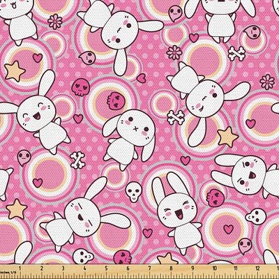 Ambesonne Anime Fabric by The Yard, Funny Kawaii Illustration Rabbits Funky Animals Bunnies Humor Print, Decorative Fabric for Upholstery and Home Accents, Yards