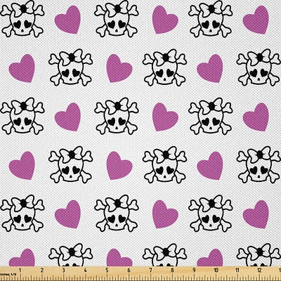 Ambesonne Teen Fabric by The Yard, Funky and Girlish Youth Pattern Emo Skulls with Bowknots Bones and Hearts, Decorative Satin Fabric for Home Textiles and Crafts, Yards