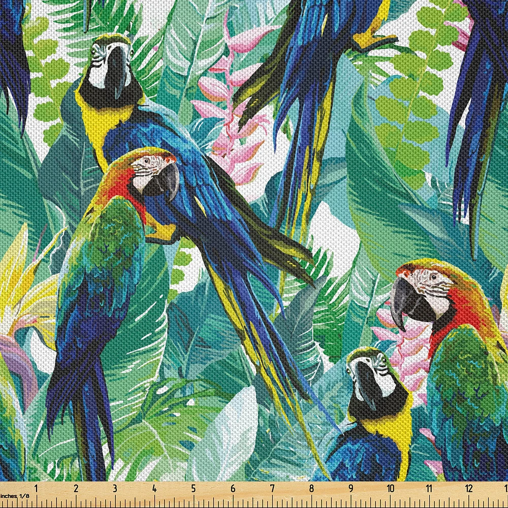 Ambesonne Birds Fabric by The Yard, Portrayal Illustration of Scarlet Macaw Parrots Among Exotic Plants in The Jungle, Decorative Satin Fabric for Home Textiles and Crafts, Green Blue