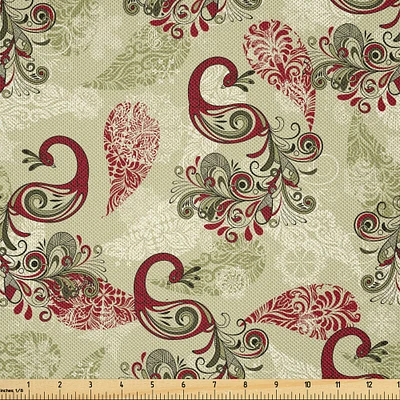 Ambesonne Peacock Fabric by The Yard, Winter Pattern Peacocks Snowflakes Floral Paisley Ornate, Decorative Satin Fabric for Home Textiles and Crafts, 2 Yards, Ruby Olive Green Cream