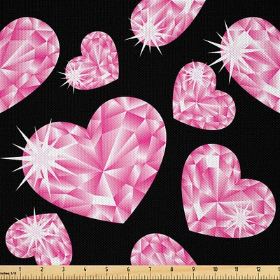 Ambesonne Diamonds Fabric by The Yard, Romantic Pink Heart Stones on Black Background Valentines Day Theme, Decorative Satin Fabric for Home Textiles and Crafts, 2 Yards, Pale Pink Black