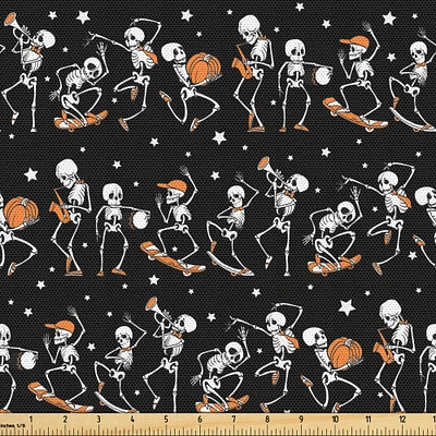 Ambesonne Halloween Fabric by The Yard, Skeletons with Pumpkins Skating Musician on Dark Background, Decorative Fabric for Upholstery and Home Accents, Yards