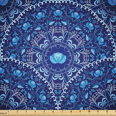 Ambesonne Navy Blue Fabric by The Yard, Circular and Floral Alike Oriental Style Patterned Design Artwork, Decorative Fabric for Upholstery and Home Accents, 2 Yards, Navy Blue