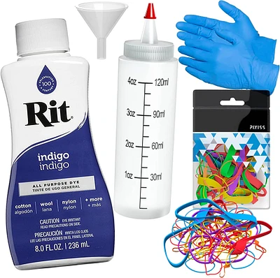 Rit Dye Liquid Indigo All-Purpose Dye 8oz, Pixiss Tie Dye Accessories Bundle