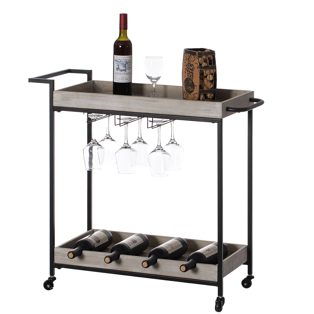 Metal Wine Bar Serving Cart with Rolling Wheels, Wine Rack, and Glass Holder