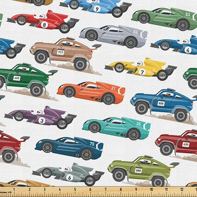 Ambesonne Race Car Fabric by The Yard Diagonally Arranged Colorful Various Vehicles Speeding Uphill on Plain Backdrop Decorative Material for Curtain Sofa Ottoman Quilts Chair Cover 1 Yard Orange Teal