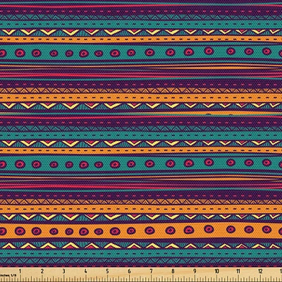 Ambesonne Tribal Fabric by The Yard, Striped Retro Pattern Rich Mexican Color Folkloric Print, Decorative Fabric for Upholstery and Home Accents, 3 Yards, Teal Plum