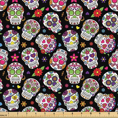 Ambesonne Halloween Fabric by The Yard, Skeletons with Pumpkins Skating Musician on Dark Background, Decorative Fabric for Upholstery and Home Accents, Charcoal Grey