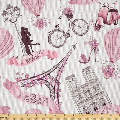 Ambesonne Eiffel Fabric by The Yard, Love in The City Paris French Bridal Composition Romantic Travel Pink Blossoms, Decorative Satin Fabric for Home Textiles and Crafts, 3 Yards, Rose Black White