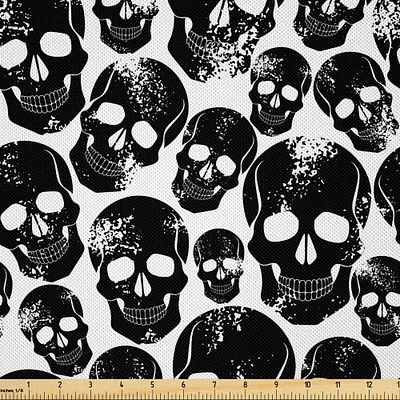 Ambesonne Gothic Fabric by The Yard, Grunge Black Human Skulls on White Backdrop Evil Men Fear Horror Death Skeleton, Decorative Satin Fabric for Home Textiles and Crafts, Yards