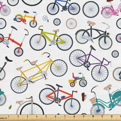 Ambesonne Bicycle Fabric by The Yard, Retro Style Colorful Bicycles of All Styles and for All Age Groups Training Wheels, Decorative Fabric for Upholstery and Home Accents, Yards