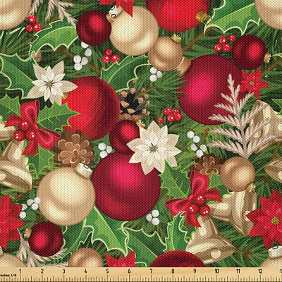 Ambesonne Christmas Fabric by The Yard, Tree Branches Spruce Leaves Balls Bells Cones Poinsettia Flowers Mistletoe Berry, Decorative Satin Fabric for Home Textiles and Crafts, 5 Yards, Multicolor