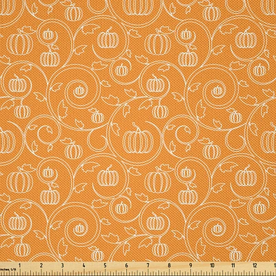 Ambesonne Harvest Fabric by The Yard, Pattern with Pumpkin Leaves and Swirls on Orange Backdrop Halloween Inspired, Decorative Satin Fabric for Home Textiles and Crafts, Yards