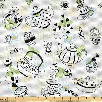Ambesonne Tea Party Fabric by The Yard, Hand Drawn Doodle Style Teapots Cups and Hearts Flowers Drinks, Decorative Satin Fabric for Home Textiles and Crafts, Yards