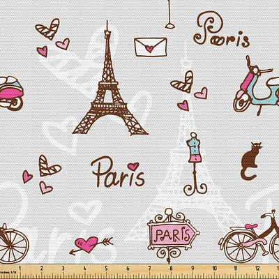 Ambesonne Paris Fabric by The Yard, Romance Language Capital of Love Eiffel Heart Fashion City Girlish Print, Decorative Fabric for Upholstery and Home Accents, 10 Yards, Redwood Pearl