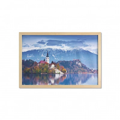 Ambesonne Landscape Wall Art with Frame, Photo of Bled in Slovenia with Lake Snowy Mountains and a Castle Pastoral Scenery, Printed Fabric Poster for Bathroom Living Room Dorms, 35" x 23", Multicolor