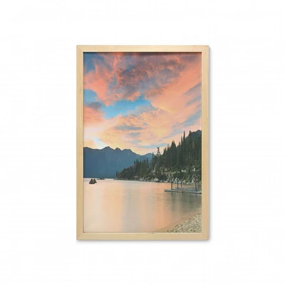 Ambesonne Lake Wall Art with Frame, Romantic Sunset at Lake Tahoe Peaceful Shoreline Sierra Nevada United States, Printed Fabric Poster for Bathroom Living Room Dorms, 23" x 35", Salmon Green Ivory