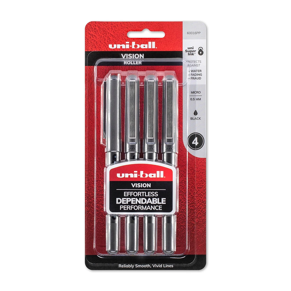 uni-ball Vision Rollerball Pen Set, .5mm, Black, 4/Pkg.