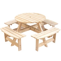 Wooden Outdoor Patio Garden Round Picnic Table with Bench, 8 Person