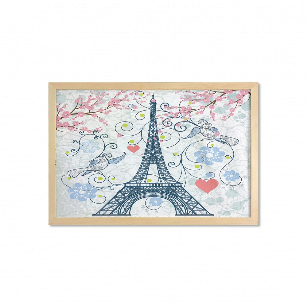 Ambesonne Paris Wall Art with Frame, Outline Eiffel Tower Swirling Flowers and Hearts Romantic Pastel Toned Design, Printed Fabric Poster for Bathroom Living Room Dorms, 35" x 23", Blue and Coral