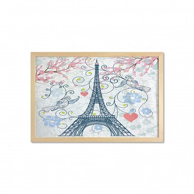 Ambesonne Paris Wall Art with Frame, Outline Eiffel Tower Swirling Flowers and Hearts Romantic Pastel Toned Design, Printed Fabric Poster for Bathroom Living Room Dorms, 35" x 23", Blue and Coral