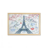 Ambesonne Paris Wall Art with Frame, Outline Eiffel Tower Swirling Flowers and Hearts Romantic Pastel Toned Design, Printed Fabric Poster for Bathroom Living Room Dorms, 35" x 23", Blue and Coral