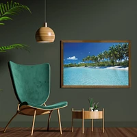 Ambesonne Ocean Framed Wall Art, Relaxing Beach Resort Spa Palm Trees and Sea Exotic Caribbean Coastline, Fabric Decor with Teak Tone Wood Frame Home & Dorm Decor, 35" x 23", Turquoise Blue Green
