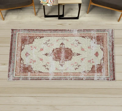 Ambesonne Vintage Decorative Rug, Minimal Flowers and Ethnic Damask Eastern Culture Weathered Effect Design Print, Quality Carpet for Bedroom Dorm and Living Room, Ivory and Rust
