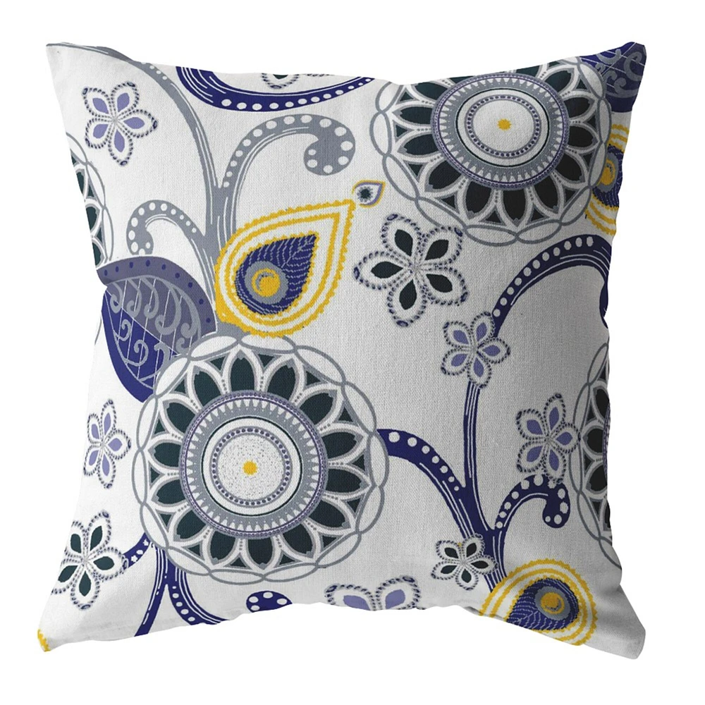 16 Navy White Floral Indoor Outdoor Throw Pillow