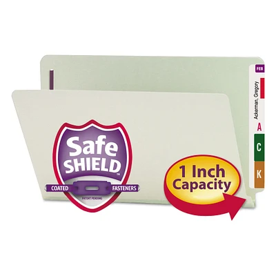 Smead End Tab 1 Expansion Pressboard File Folders w/Two SafeSHIELD Coated Fasteners Straight Tab Legal Size Gray-Green 25/Box