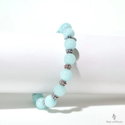 Light Blue and Silver Gemstone Bracelet, 6.5 inches, Beaded Bracelet, Stretchy