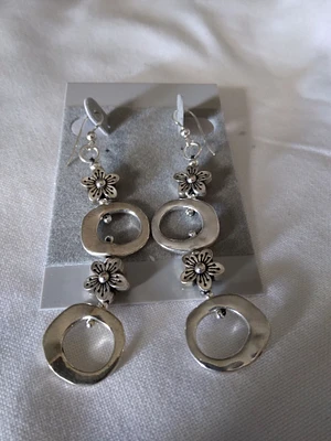 Earrings - Silver Flower Dangle Drop for Pierced Ears