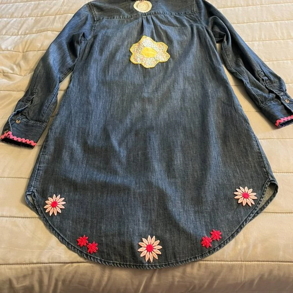 Vintage Reworked Embellished Boho Hippie Merona Navy Denim Shirtdress size Small