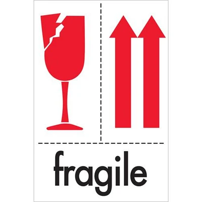 Tape Logic Labels, "Fragile", 4" x 6", Red/White/Black, 500/Roll