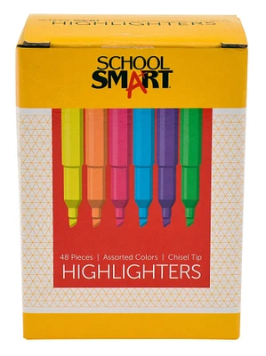 School Smart Pen Style Highlighters, Chisel Tip, Assorted Colors, Pack of 48