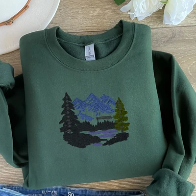 Scenic Mountain Embroidered Sweatshirt Comfy Pullover Cute Soft Gift Unisex Hoodie Present Custom Crewneck