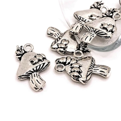 4, 20 or 50 Pieces: Silver Caterpillar on Mushroom Charms - Double Sided