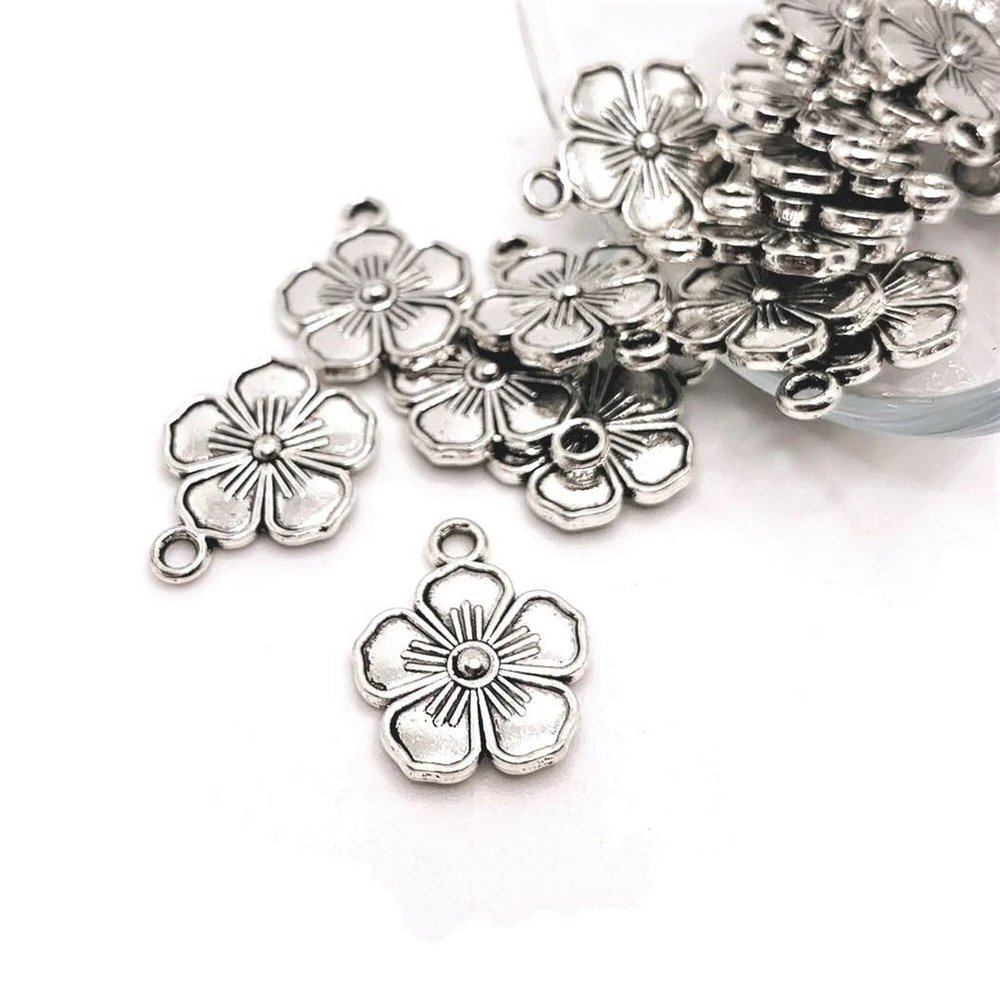 4, 20 or 50 Pieces: Small Silver Flower Charms - Double Sided