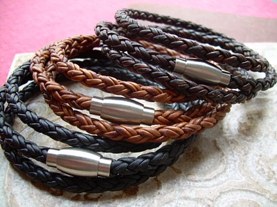 5mm Braided Triple Wrap Leather Bracelet With Matted Finish Stainless Steel Magnetic Clasp