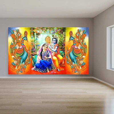 Radha Krishna Wall Decor, Radha Krishna With Peacock, Janmashtami Decor, Krishna Cloth Backdrop, Radhe Krishna, Indian Backdrop, Pooja Cloth, Traditional Backdrop, Pooja Decoration,