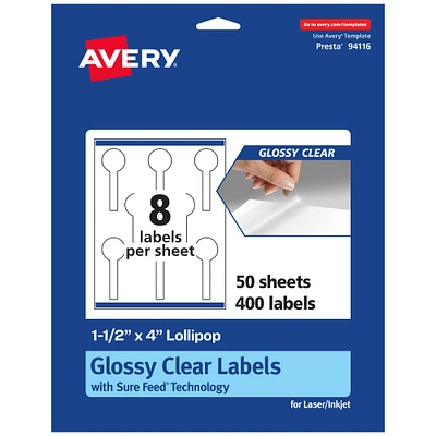 Avery Glossy Clear Lollipop Labels with Sure Feed, 1.5" x 4"