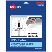 Avery Glossy Clear Lollipop Labels with Sure Feed, 1.5" x 4"