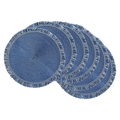 Contemporary Home Living Set of 6 Nautical Blue Round Fringed Placemat, 14.75"