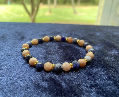 Sunny Self Positivity Beaded Bracelet with Natural Sunstone and Sodalite 6mm Beads Stretchable Elastic Bracelet Gold or Silver Spacer
