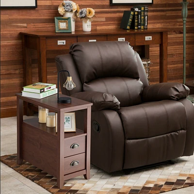 End Table Wooden with 2 Drawers and Shelf Bedside Table-Brown